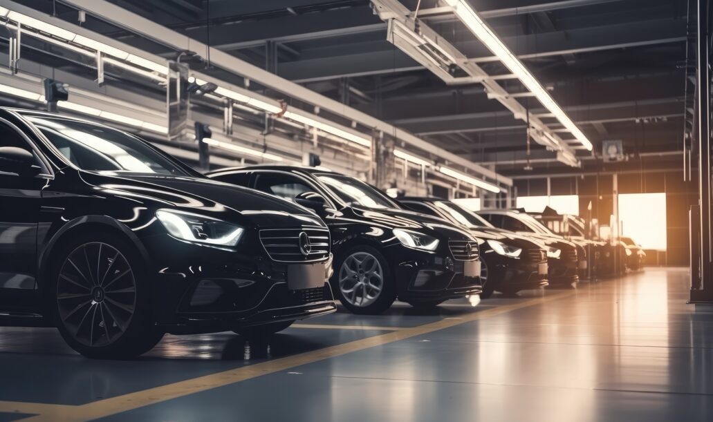 Car parking lot with row of new cars in modern car dealership. Industry line modern high tech vehicle assembly place, AI Generated