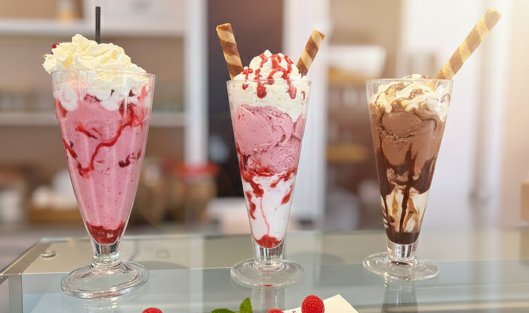 Tre eleganti coppe di gelato artigianale guarnite con panna e frutti di bosco, esposte sul bancone luminoso dello Zen Bar al Marina di Scarlino Resort.