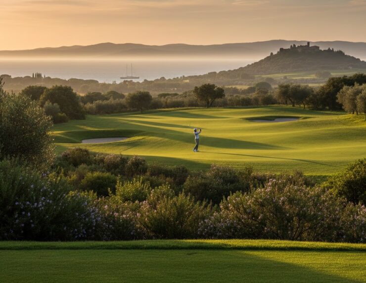 Veduta panoramica di un lussuoso campo da golf in Toscana durante l'ora d'oro del tramonto. Un singolo giocatore di golf in lontananza ha appena effettuato uno swing su un fairway verde lussureggiante e ondulato. Sullo sfondo, il mare nebbioso con una barca a vela, una collina con un antico borgo fortificato e montagne all'orizzonte. In primo piano, cespugli fioriti e, sul tee box, una pallina da golf con logo "MARINA SCARLINO" su un tee.