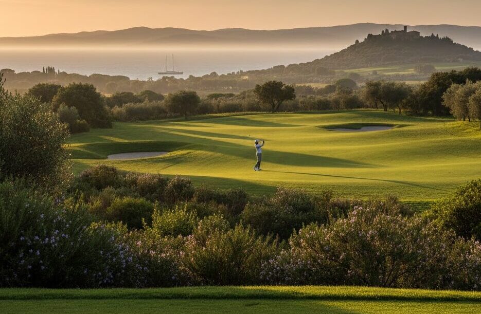 Veduta panoramica di un lussuoso campo da golf in Toscana durante l'ora d'oro del tramonto. Un singolo giocatore di golf in lontananza ha appena effettuato uno swing su un fairway verde lussureggiante e ondulato. Sullo sfondo, il mare nebbioso con una barca a vela, una collina con un antico borgo fortificato e montagne all'orizzonte. In primo piano, cespugli fioriti e, sul tee box, una pallina da golf con logo "MARINA SCARLINO" su un tee.
