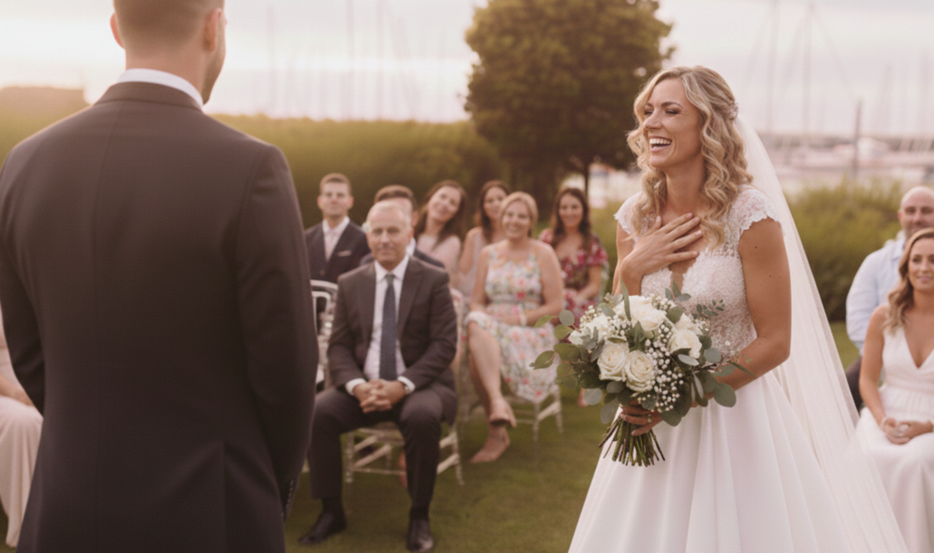 Sposa sorridente con bouquet durante una cerimonia di matrimonio all'aperto vista mare in Toscana.