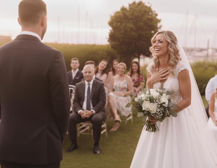 Sposa sorridente con bouquet durante una cerimonia di matrimonio all'aperto vista mare in Toscana.
