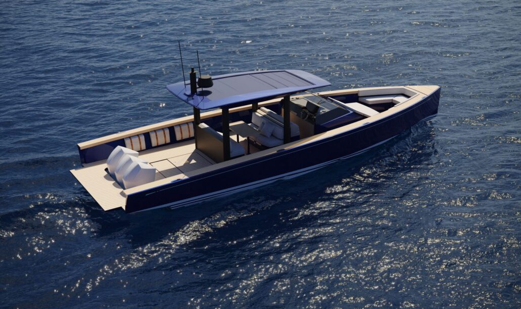 Motor yacht Swan Shadow bianco in navigazione veloce sul mare della Toscana al tramonto, esempio di luxury tender charter al Marina di Scarlino.