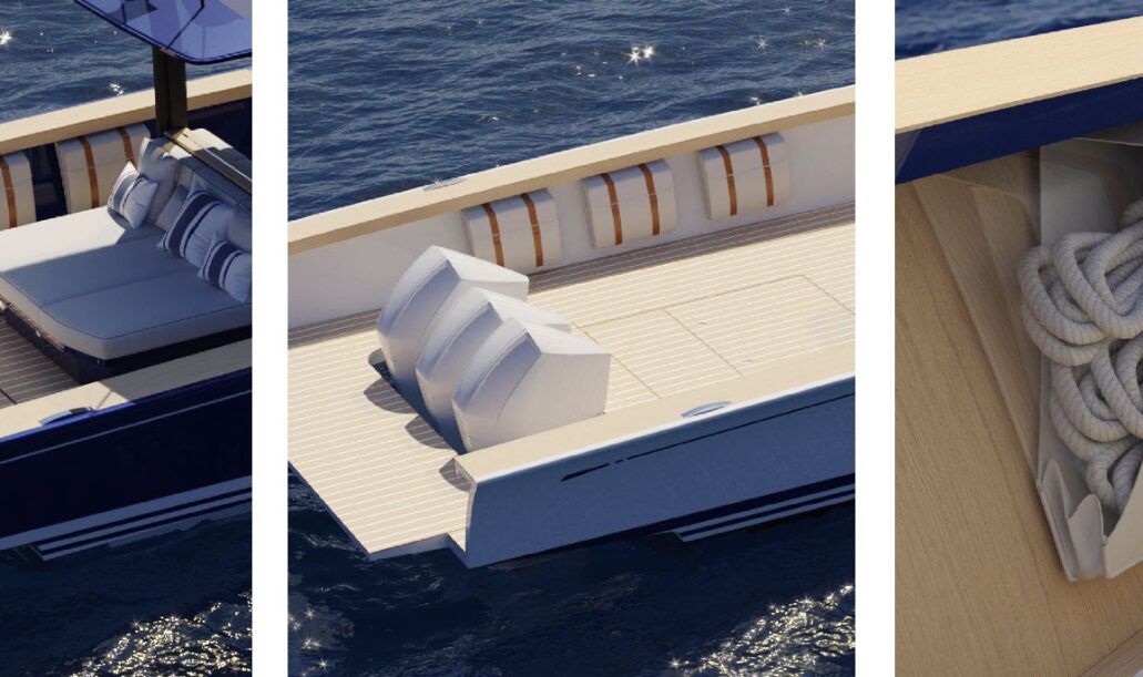 Area relax a prua dello yacht Swan Shadow con cuscineria bianca e blu e tavolino in legno, vista su costa incontaminata della Maremma.