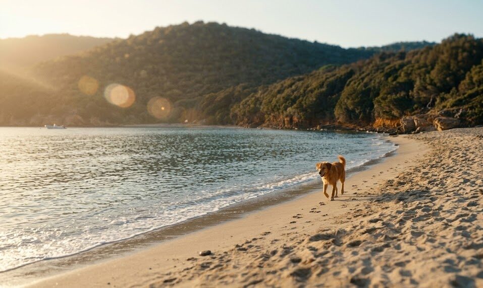 Un cane cammina sulla riva della spiaggia di Cala Martina al sorgere del sole, con colline verdi sullo sfondo e luce dorata cinematografica.