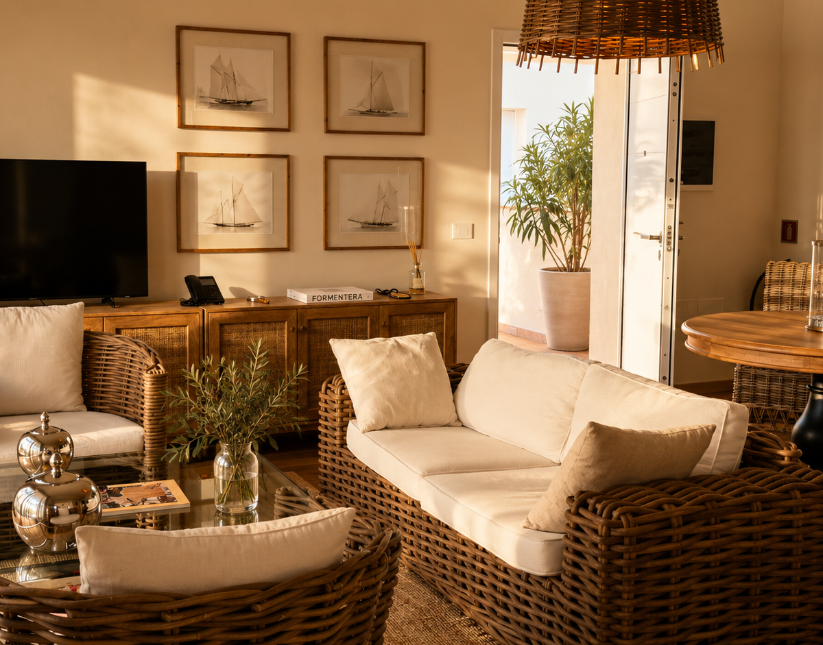 Un salotto elegante e luminoso all'interno della Suite Blue Swan del Marina di Scarlino Resort, caratterizzato da arredi in midollino, divani color panna, un tavolo in legno e quadri con soggetti nautici alle pareti in un'atmosfera calda e mediterranea.